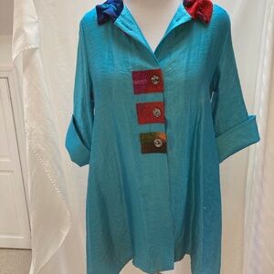 Damee sky blue swing jacket with colorful collar and accents size M